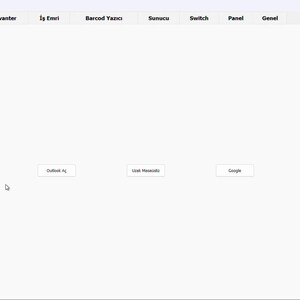 K&ouml;nnte beinhalten: Ein wei&szlig;er Computerbildschirm zeigt eine Softwareoberfl&auml;che mit mehreren beschrifteten Schaltfl&auml;chen. Die obere Reihe enth&auml;lt "Programlar", "Envanter" und "İş Emri". Darunter befinden sich Schaltfl&auml;chen mit der Bezeichnung "FileZilla A&ccedil;", "Outlook A&ccedil;", "Uzak Masa&uuml;st&uuml;", "Google" und "Manage Engine".