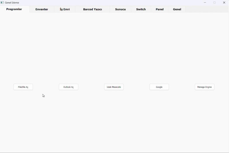 K&ouml;nnte beinhalten: Ein wei&szlig;er Computerbildschirm zeigt eine Softwareoberfl&auml;che mit mehreren beschrifteten Schaltfl&auml;chen. Die obere Reihe enth&auml;lt "Programlar", "Envanter" und "İş Emri". Darunter befinden sich Schaltfl&auml;chen mit der Bezeichnung "FileZilla A&ccedil;", "Outlook A&ccedil;", "Uzak Masa&uuml;st&uuml;", "Google" und "Manage Engine".