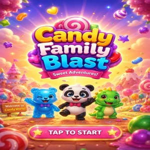 May include: A vibrant digital illustration for a mobile game, featuring the title "Candy Family Blast" in colorful bubble letters. Three cartoon characters, a blue bear, a panda, and a green dinosaur, are in the foreground. The background is a candy-themed landscape.