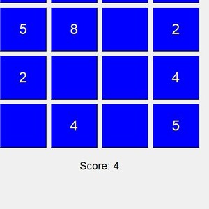 May include: A blue and white game interface with a grid of 12 squares.  The squares contain the numbers 5, 8, 2, 4, and 8.  The text "Number Learning for Kids" and "Score: 4" are displayed at the top and bottom of the screen.