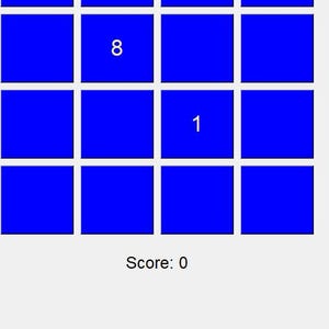 May include: A blue and white game interface with a grid of 12 squares. The numbers 8 and 1 are visible in two of the squares. The text "Score: 0" is at the bottom of the screen.