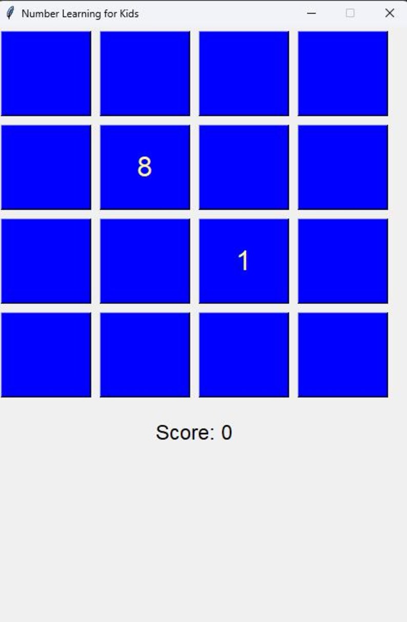 May include: A blue and white game interface with a grid of 12 squares. The numbers 8 and 1 are visible in two of the squares. The text "Score: 0" is at the bottom of the screen.
