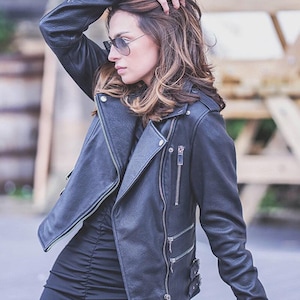 Black Leather Biker Jacket: Women's Slim Fit, Asymmetrical Zip