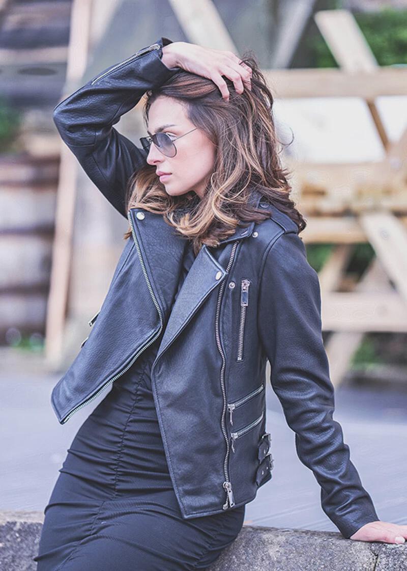 Black Leather Biker Jacket: Women's Slim Fit, Asymmetrical Zip