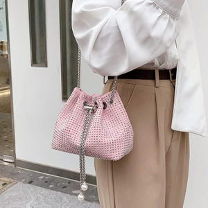 Bolso tipo cubo con diamantes de imitación para mujer / Bolso bandolera brillante con cadena de perlas / Bolso retro brillante para fiestas, bodas o regalos