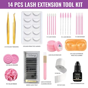 May include: A 14-piece lash extension tool kit. The kit includes gold tweezers, practice lashes, lash swabs, brushes, microfiber applicators, glue remover, an eye practice dummy, glue holders, glue rings, a lash tray, a cleaning brush, eye patches, and lash extension glue.