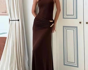 MEL | Pre-order Custom Liquid Gold Metal Draped Metallic Asymmetrical One  Shoulder Halter High Slit Low Backless Long Gown Dress - Etsy