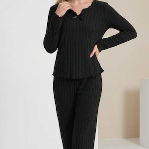 Ensemble De Pyjama 2 Pièces Pour Femme - Pull Chaud à Col Rond - Haut à Jambes Larges - Léger - Rayé - Ensemble Doux, Vert