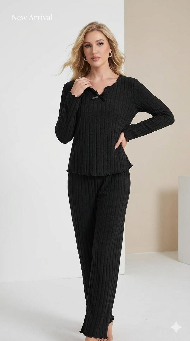 Cozy Ribbed Pajama Set for Women, 2 Piece Long Sleeve Top and Pants, Autumn Winter Loungewear, Soft Casual Homewear Sleepwear Set