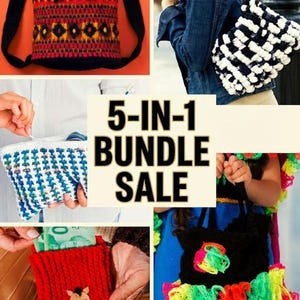 May include: A collection of handmade bags and pouches in diverse colours and designs. Features a red, black, and yellow backpack, a black and white pom-pom bag, a blue and white pouch, a red pouch with a horse design, and a black bag with colourful fringe. Text reads "5-IN-1 BUNDLE SALE."