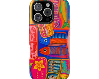 Retro sardintinnskal för telefon | Färgglad, udda fiskkonst för iPhone | iPhone 16/15/14/13/12/11 Pro Max, Samsung Galaxy S23/S22/S21-skal