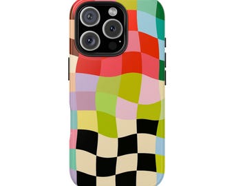 Wavy Checkerboard Phone Case, Colorful Retro Grid iPhone Cover, Funky iPhone Case Cover For iPhone 16 15 14 13 12 Pro Max Plus, Samsung Case