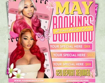 May Booking Flyer, Mothers Day Booking Flyer, May Hair, May Books Open, May Appointment Flyer, May Book Now, May Lashes Nail Braid Wig Flyer