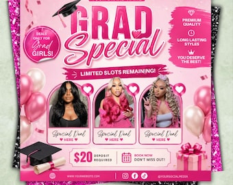 Grad Szn Booking Flyer, Graduation Special Flyer, Graduation Deals, Grad Books Open, Makeup, Hair, Lash Tech Flyer, Canva Editable