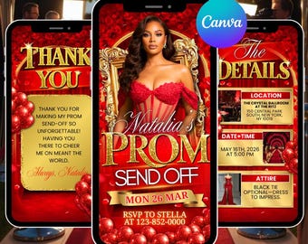 Orange Prom Send Off Digital Invitation, Editable Prom Flyer Template, Glam Prom Party Invite, DIY Graduation Prom Queen Animated Evite