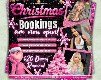 Christmas Booking Flyer, Editable December Booking Flyer, Pink Christmas Flyer, Winter Booking Flyer, Hair, Lash, Makeup, Nails, Wig,Instant