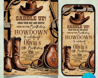 Western Hoedown Birthday Party Invitation, Printable Cowboy Birthday Invite, Saddle Up And Put Your Boots On, Editable Cowboy Invitation