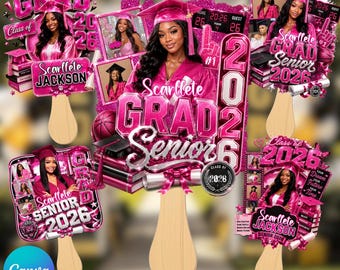 May include: A collection of six pink and silver graduation fan templates. Each fan features a photo of a graduate, the words "GRAD Senior 2026", and the graduate's name. The text "6 Designs Included" is at the top.