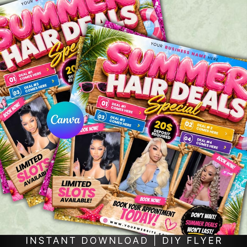 Summer Booking Flyer, DIY Braids Booking Flyer, Braids Summer Sale Flyer, Summer Deals Flyer, Editable Canva Template, Instant Download
