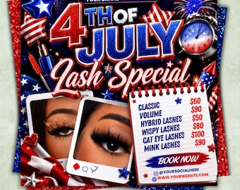 Lash-flyer voor juli, speciale flyer voor 4 juli, flyer voor wimpers, flyer voor wimpers, flyer voor speciale aanbiedingen Lash, Independence Day, speciale aanbiedingen juli, Canva