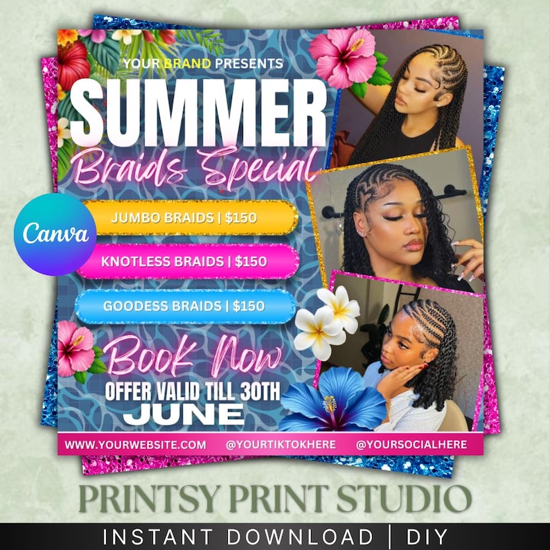 Summer Braid Sale Flyer, Summer Sale Flyer, Braid Prices Flyer, Braids Sale Flyer, Hair Flyer, Lashes Flyer, Braids Special Flyer Template