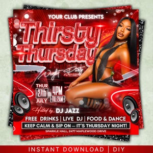 Flyer för Thirsty Thursday-festen, flygblad för torsdagsfesten, flygblad för torsdagsnattklubb, flygblad för klubbfesten, flygblad för sociala medier, redigerbar i Canva