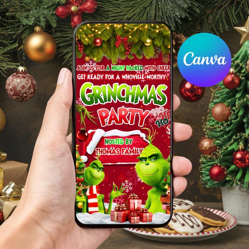 Animated Christmas Dinner Invitation, DIY Template Design, Friendsmas Party Video Invite, Premade Grinch Holiday Festive Celebration Invite