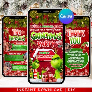 Animated Christmas Dinner Invitation, DIY Template Design, Friendsmas Party Video Invite, Premade Grinch Holiday Festive Celebration Invite