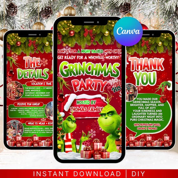 Animated Christmas Dinner Invitation, DIY Template Design, Friendsmas Party Video Invite, Premade Grinch Holiday Festive Celebration Invite