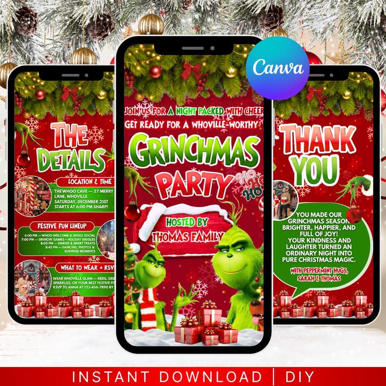 Animated Christmas Dinner Invitation, DIY Template Design, Friendsmas Party Video Invite, Premade Grinch Holiday Festive Celebration Invite