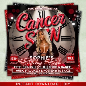 Cancer Season Party Flyer, Birthday Szn Flyer, Cancer Invitation Flyer, Cancer Birthday Event, Social Media Flyer, Premade Flyer Template