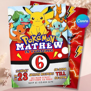 May include: A colorful Pokémon-themed birthday invitation featuring Pikachu, Charizard, Squirtle, Bulbasaur, and Charmander. The invitation includes the name "Mathew", the number "6", date, time, and location details. The background is red and white with lightning bolt accents.