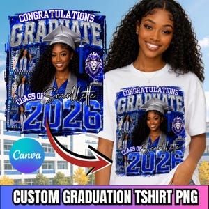 Op de afbeelding: Wit T-shirt met een afstudeerontwerp in blauw en zilver, inclusief de tekst "CONGRATULATIONS GRADUATE". Het ontwerp bevat een foto van een afgestudeerde, het jaar 2026 en de naam "Scarlette". Dit is een op maat gemaakt afstudeer-T-shirt.