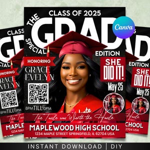 Graduation Invite Magazine Style, Red DIY Editable Flyer Template, Class of 2025 Graduation Celebration, Premade Event Flyer Design