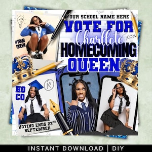 Könnte beinhalten: Digitales Design für eine Homecoming-Queen-Kampagne. Das Design zeigt Bilder einer jungen Frau, den Text „Vote for Charllote Homecoming Queen“ und den Text „Voting ends 23rd September“. Das Design enthält blaue und goldene Akzente.