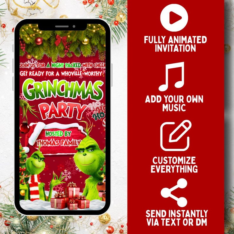 Animated Christmas Dinner Invitation, DIY Template Design, Friendsmas Party Video Invite, Premade Grinch Holiday Festive Celebration Invite