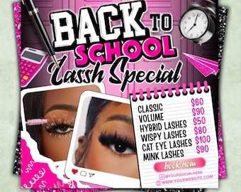 Back To School Lash Sale Flyer, Lash Tech Flyer Template, Back To School Hair Flyer, August Bookings Flyer, Canva Book Now B2S Hair Flyer
