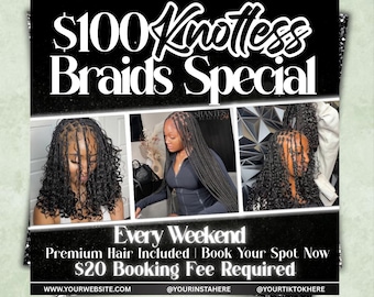 Plantilla de folleto de trenzas sin nudos: Lista de precios de trenzas, ofertas especiales (editable en Canva, descarga digital)