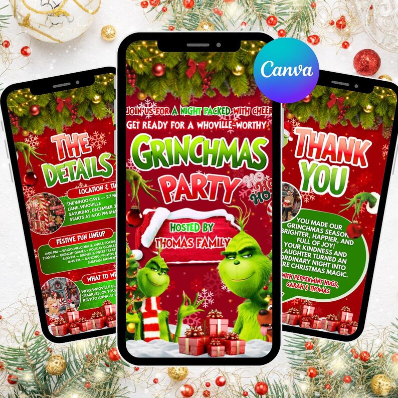 Animated Christmas Dinner Invitation, DIY Template Design, Friendsmas Party Video Invite, Premade Grinch Holiday Festive Celebration Invite