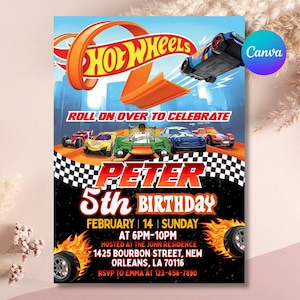 Puede incluir: Una vibrante invitación de cumpleaños con temática de Hot Wheels. Presenta el logotipo de Hot Wheels, una pista de carreras y varios coches de juguete. La invitación dice "Roll on over to celebrate" e incluye los detalles de la fiesta para el 5º cumpleaños de Peter.