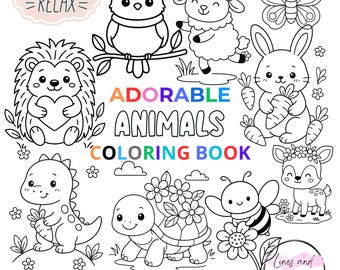 May include: Black and white illustration of a coloring book with the text "Adorable Animals Coloring Book". The image features various cute animals, including a bird, sheep, bunny, and hedgehog. The words "Relax" and "PDF - Instant Download" are also included.