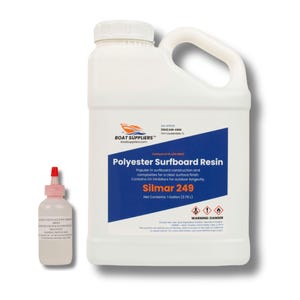 May include: A white one-gallon plastic jug of Silmar 249 Polyester Surfboard Resin with a blue label featuring text and a small clear bottle with a red cap containing Methyl Ethyl Ketone Peroxide catalyst for use with the resin.