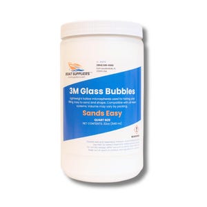 May include: A white plastic container of 3M Glass Bubbles, a lightweight filler for fairing and sanding. The container has a blue stripe with product information and the text "Sands Easy". It contains 32oz (946 ml).