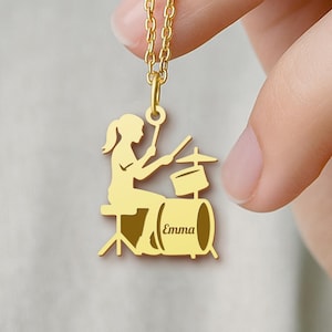 Drummer Necklace for Women - Personalized Drum Set Necklace - Custom Name Musician Gift - Sterling Silver Pendant - Birthday Jewelry