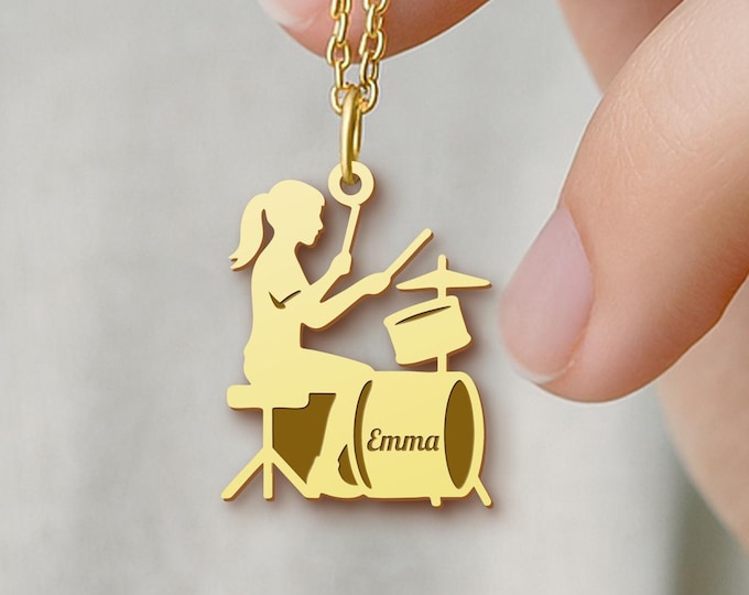 Drummer Necklace for Women - Personalized Drum Set Necklace - Custom Name Musician Gift - Sterling Silver Pendant - Birthday Jewelry