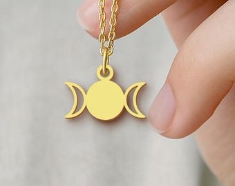 Triple Moon Goddess Necklace - Wiccan Lunar Phases Pendant - Mystic Moon Jewelry Gift for Her