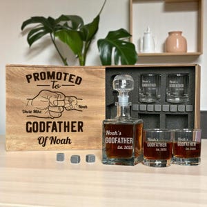 Godfather-cadeauset, Be My Godfather, gepersonaliseerd glas, bourbonkaraf, Godfather-voorstel, aangepaste voorsteldoos, gegraveerde karaf