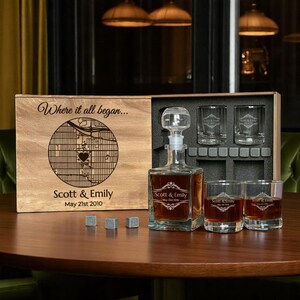 Cadeau pour notre premier rendez-vous, carte du lieu où nous nous sommes rencontrés, verres gravés, carafe à whisky, souvenir premier rendez-vous, cadeau pour lui, carte-cadeau de mariage