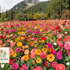 May include: A vibrant field of colorful flowers in shades of red, pink, orange, and yellow. The flowers are in full bloom, creating a dense carpet of color. The OliveJardin logo is in the bottom left corner, with a mountain and trees in the background.