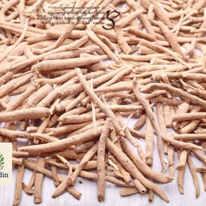 May include: A pile of light brown, dried ashwagandha roots. The image includes a ball of twine in the upper left corner and the OliveJardin logo in the lower left corner. The roots are of varying lengths and thicknesses.